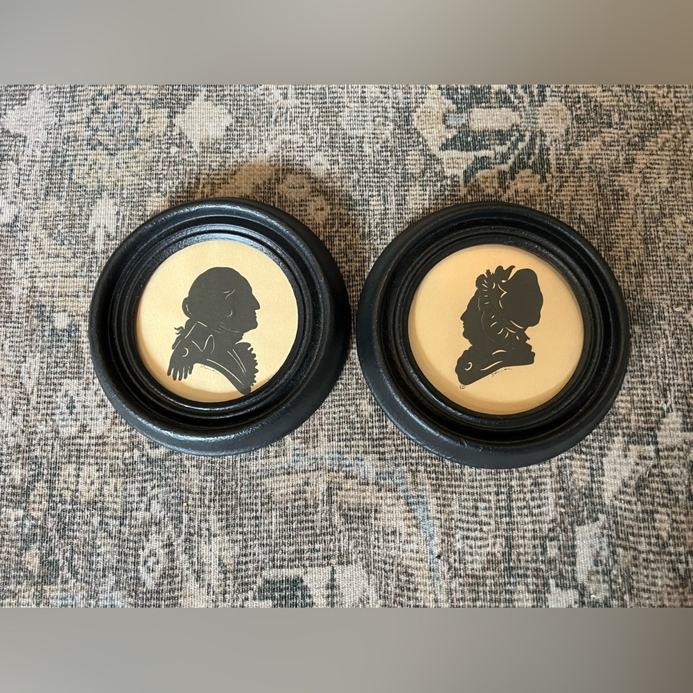 Set of 2 Primitive Silhouette of George & Martha Washington in Antique Frames 6”